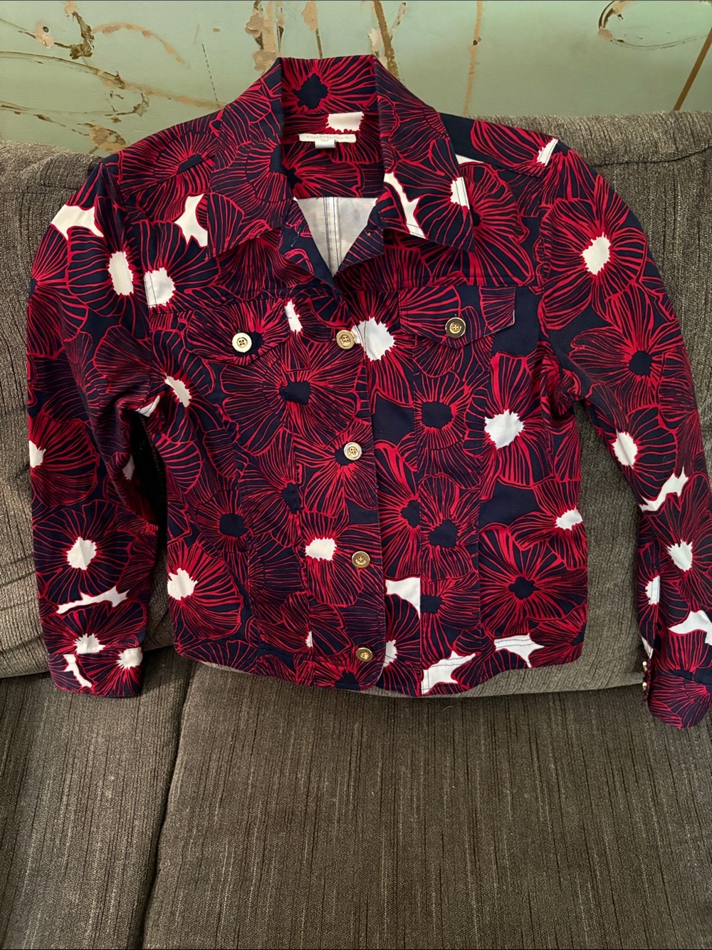 Charter Club Navy Jacket with Red Floral Print